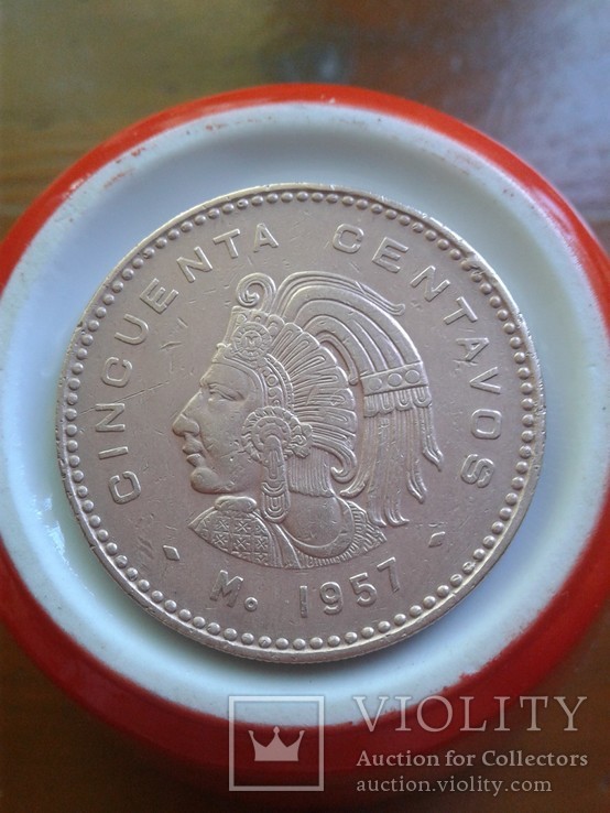 Мексика 50 сентавос 1957 aUnc бронза 14 г. 33 мм, фото №2