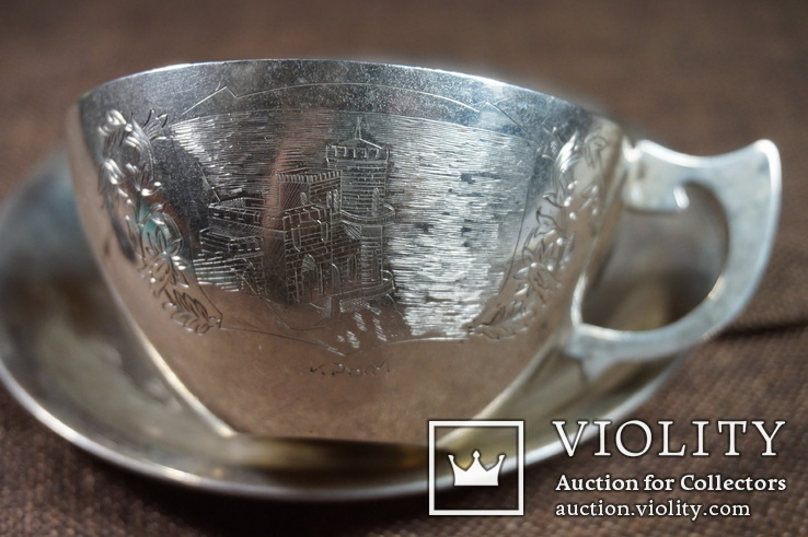 Чашка с блюдцем Крым Ласточкино гнездо серебро 875 пр., фото №3