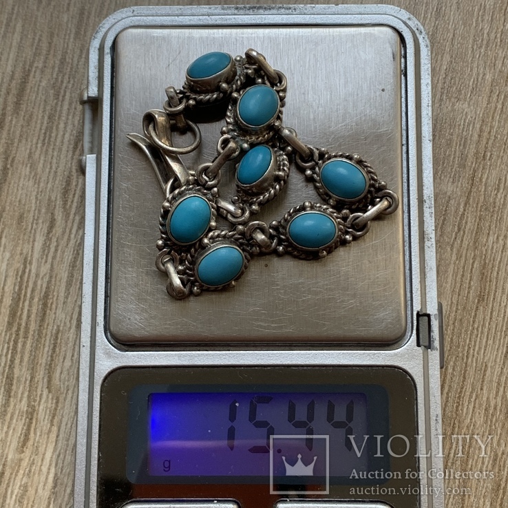 Винтажный серебряный браслет «Голубая даль» со вставками кабошонов из бирюзовой пасты, фото №11