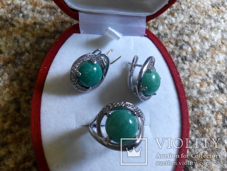 Серебро гарнитур кольцо серьги с зеленой бирюзой, фото №5