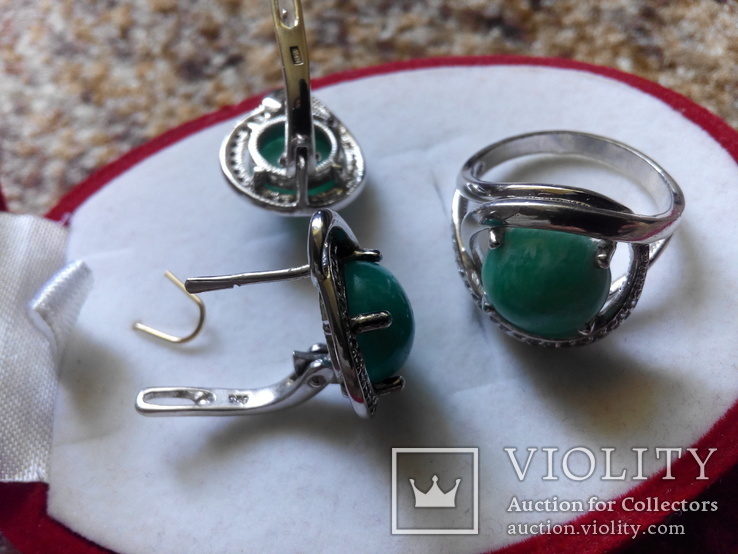 Серебро гарнитур кольцо серьги с зеленой бирюзой, фото №8