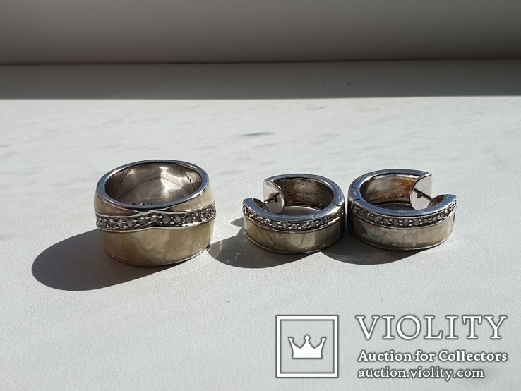 Набор серьги с кольцом 925 пробы с перламутровыми вставками 26,43 гр, фото №10