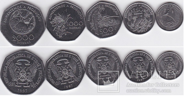 S. Tome e Principe Сан-Томе и Принсипи - 5 монет 100 250 500 1000 2000 Dobras 1997 UNC