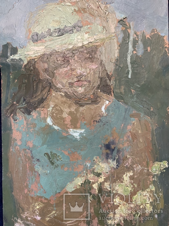 Картина. Женщина с букетом цветов. Масло, ДВП. Размер 35,5*24,8 см, фото №5
