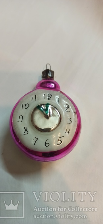 Елочная игрушка СССР часы фиолетовый ободок