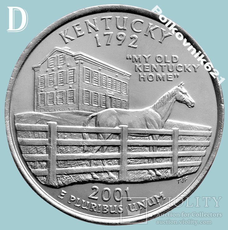 США, 25 центов, квотер 2001 года  "KENTUCKY", двор "D" (K1136)