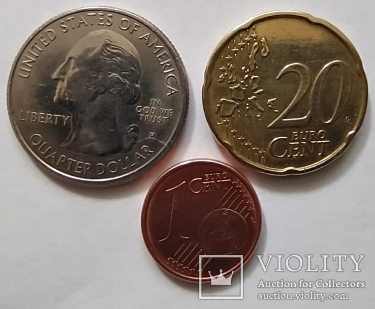 25 центов США 2017г., 20 евроцентов 2002 г., 1 евроцент 2014, фото №2