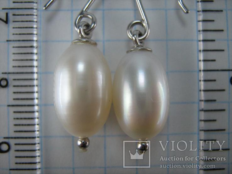 Серебряные Сережки Крупный Белый Жемчуг 12.6х8.1 мм Овал Рис 925 проба Серебро 008, фото №8
