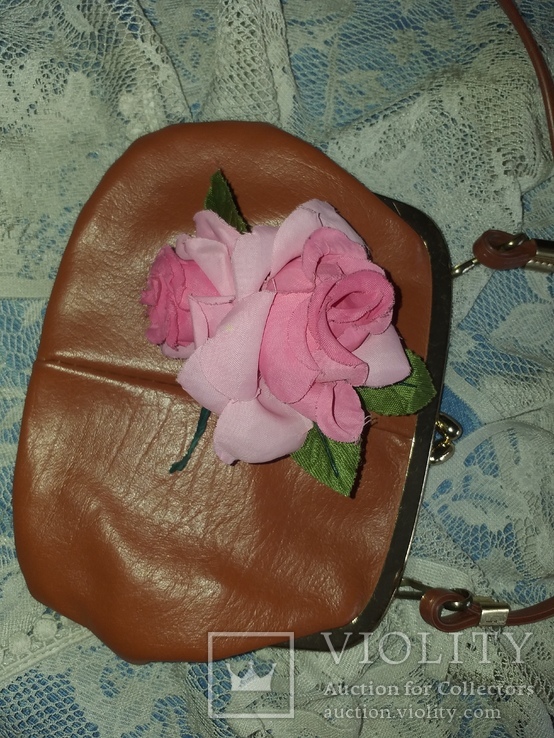 Дамская кожаная сумочка и бутоньерка винтаж, фото №3