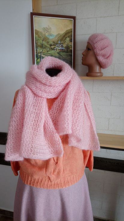 Вязаный шарф-палантин и берет женские - Розовое сияние, photo number 3