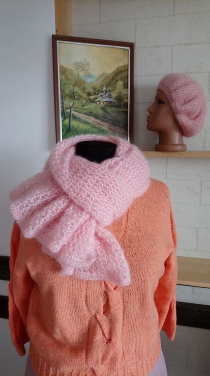 Вязаный шарф-палантин и берет женские - Розовое сияние, фото №4