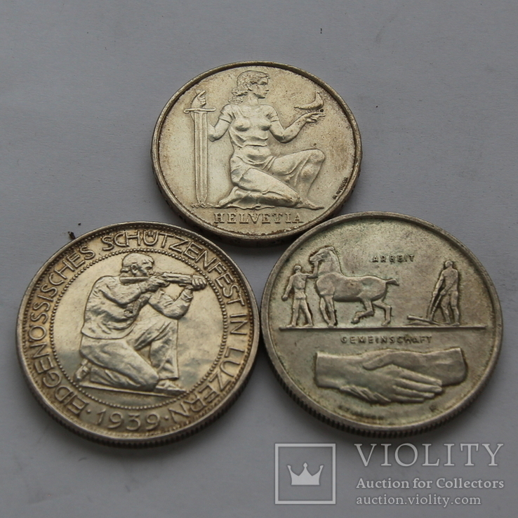 Лот 5 франков Швейцария 1936 1939 1939 серебро 54 г