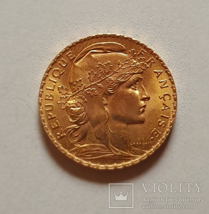 20 франков 1908 год, Франция, золото 6,45 грамм 900’