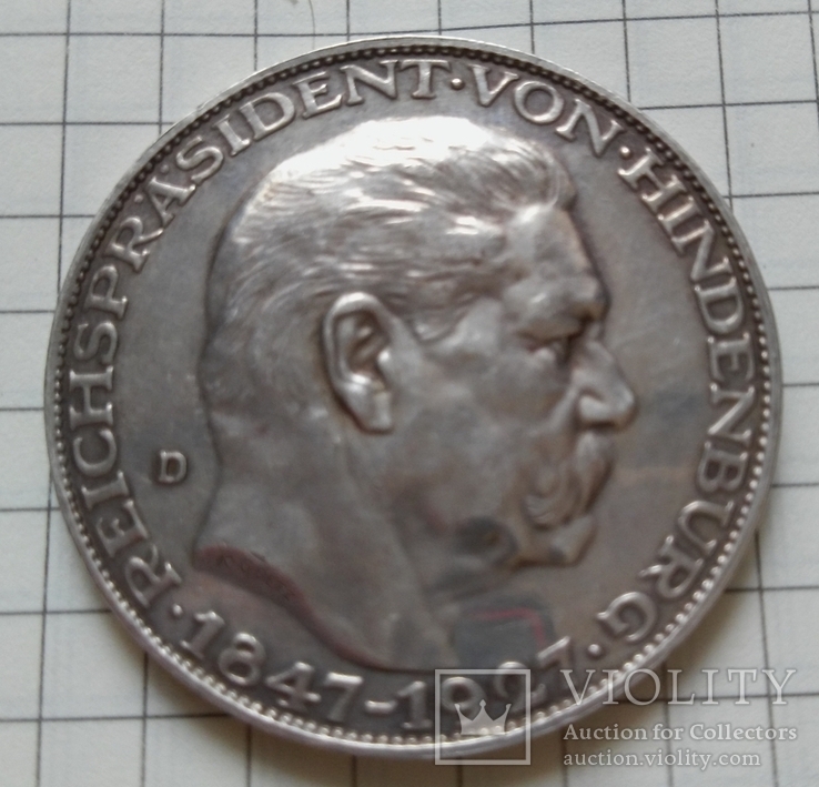 5 марок 1927 г. (Медаль ) 80 лет Гинденбургу, серебро,, фото №4