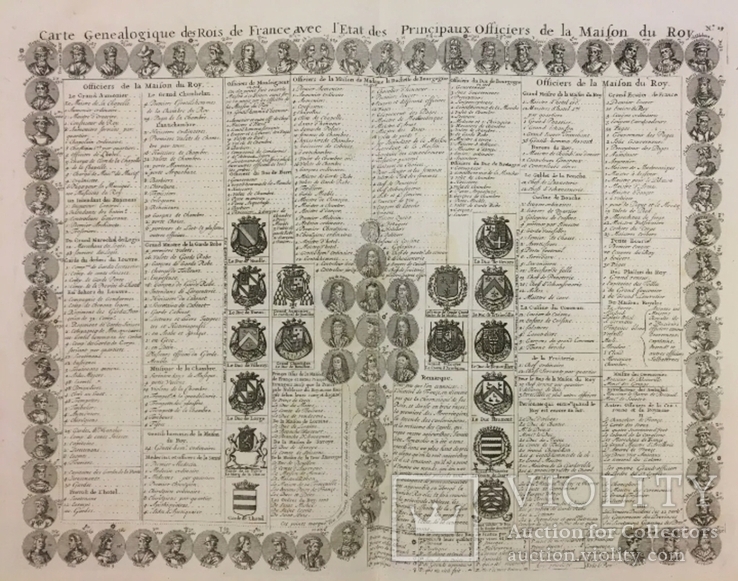 Шикарная большая карта-гравюра XVIII века. Генеология королей Франции., фото №2