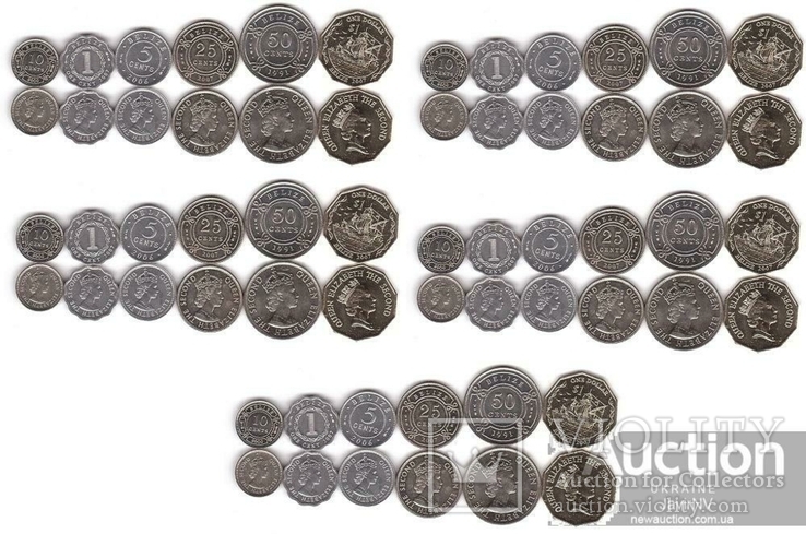 Belize Белиз - 5 шт х набор 6 монет 1 5 10 25 50 Cents 1 Dollar 1991 - 2007 UNC, фото №2