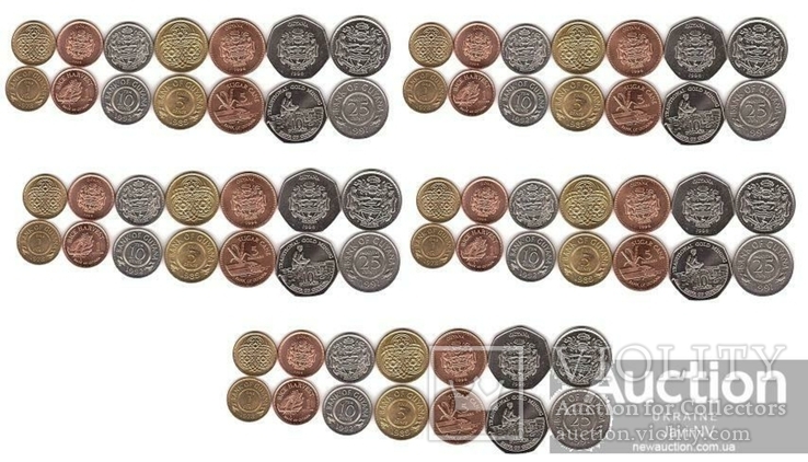 Guyana Гайана - 5 шт х набор 7 монет 1 5 10 25 Cents 1 5 10 Dollars 1978 - 1996, фото №2