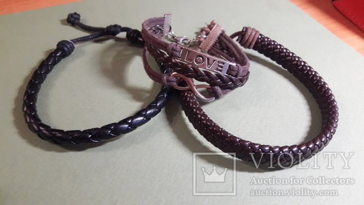 Плетенные браслеты оберег кожа 2 новых + 1 шт, регулируемый размер, фото №2