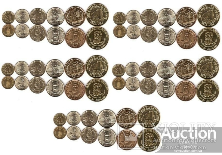 Paraguay Парагвай - 5 шт х набор 6 монет 1 5 10 50 100 500 Guaranies 1990 - 2002 aUNC, фото №2