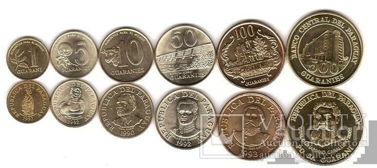 Paraguay Парагвай - 5 шт х набор 6 монет 1 5 10 50 100 500 Guaranies 1990 - 2002 aUNC, фото №3