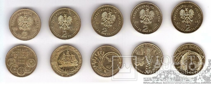 Poland Польша - набор 5 монет 2 Zlotych 2005 - 2012 UNC Деньги на деньгах comm. JavirNV