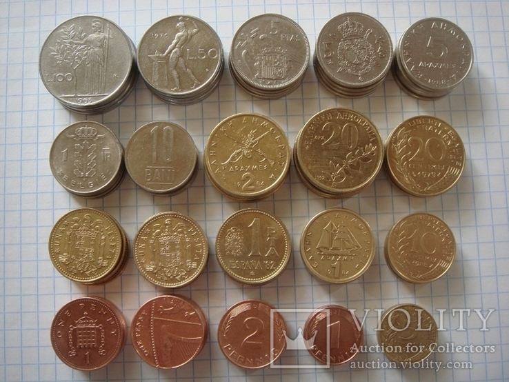 Монеты Мира 100 шт. (20 разновидов по 5 шт. каждого)