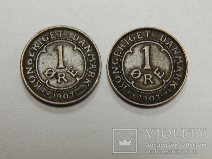 2 монеты по 1 оре, Дания, 1907 г