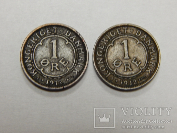 2 монеты по 1 оре, Дания, 1912 г
