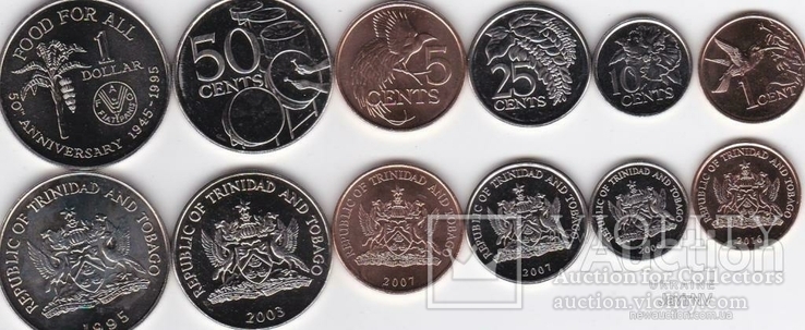 Тринідад Тринідад і Тобаго - 5 шт х 6 монет 1 5 10 25 50 центів 1 долар 1995 - 2016, фото №3