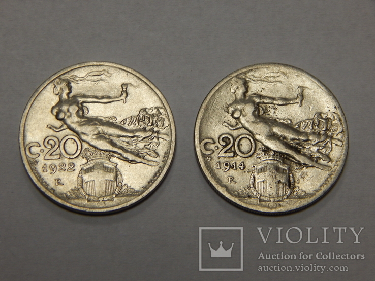 2 монеты по 20 центесими, Италия