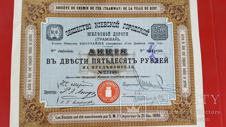 Акция общества Киевский городской ж/д (трамвай) на 250 руб. 1890