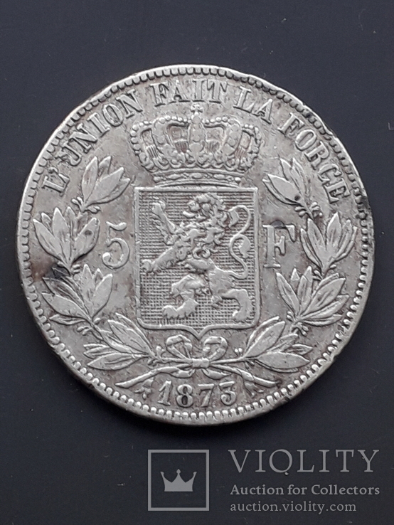 5 франков, Бельгия, король Леопольд II, 1873 год, серебро 0.900 25 гр.