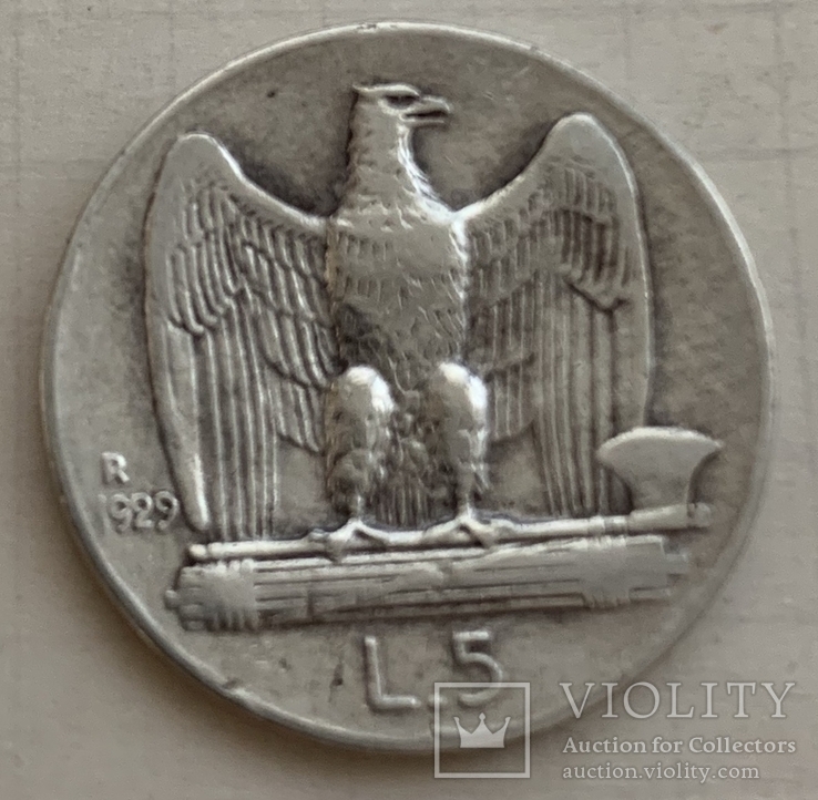 Монета Италии 5 лир, серебро,1929 год *, вес 4,91 гр. Хорошее состояние, фото №3