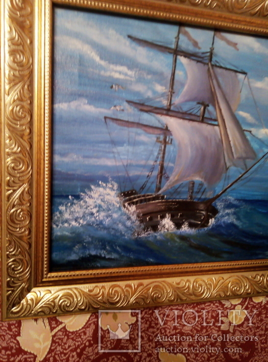 Морской пейзаж "Корабль в море", масло,30*40см, фото №2