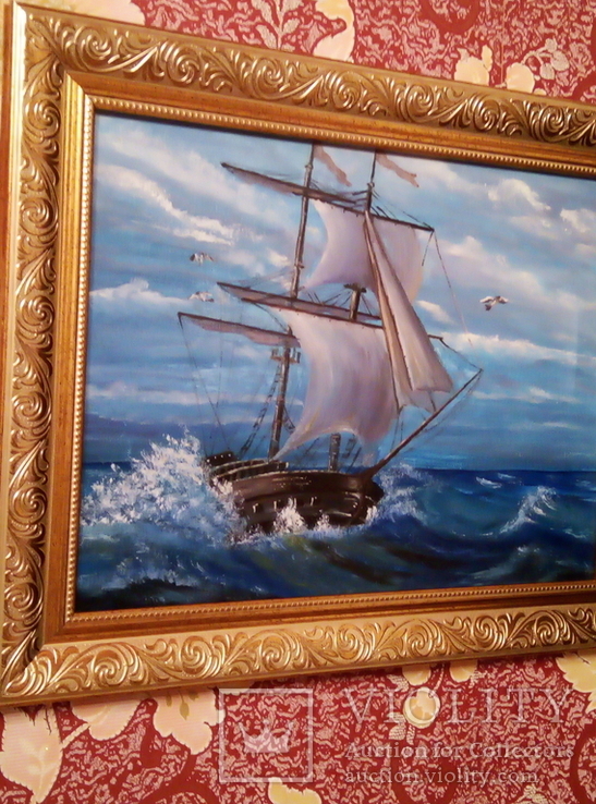 Морской пейзаж "Корабль в море", масло,30*40см, фото №4