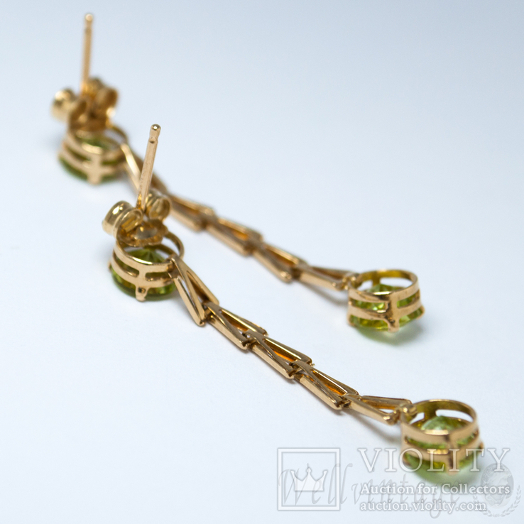 Винтажные золотые серьги с натуральными хризолитами, фото №4