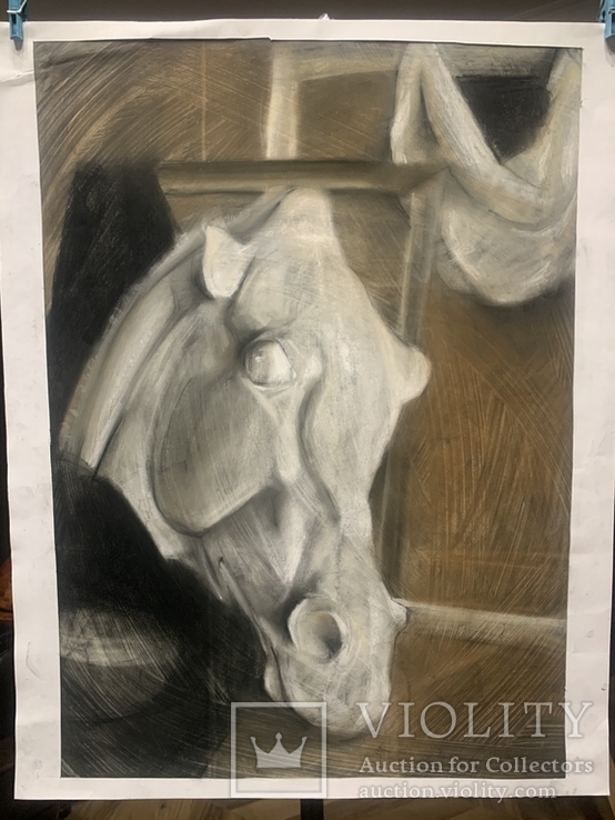 Картина. Голова скульптуры лошади. Пастель, карандаш, ватман. Размер 64*43 см, фото №5
