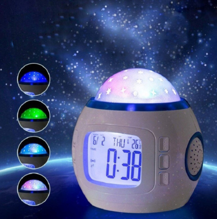 Музыкальный ночник-проектор звездное небо 1038 с часами и будильником, фото №2