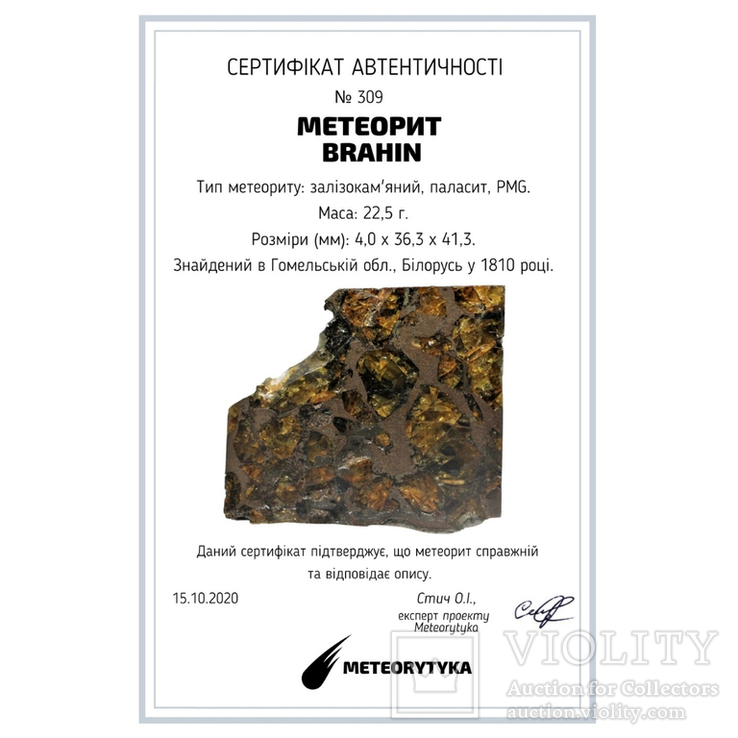Залізо-кам'яний метеорит Brahin, 22,5 грами, сертифікат автентичності, фото №3