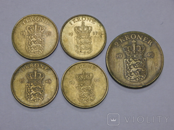 5 монет по 1 и 2 кроны, Дания
