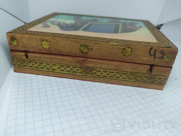 Деревянная коробочка с инкрустацией металлом  рисунком. 135х110х36мм, фото №6