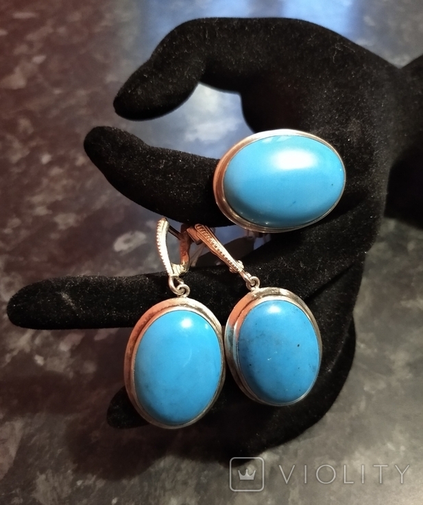 Earrings and ring: natural turquoise, silver, photo number 2