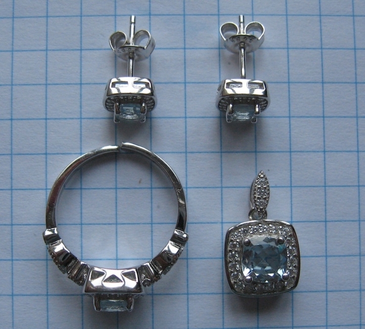 Комплект серебряный с натуральным голубым топазом и кубическим цирконием, дизайн Pandora, numer zdjęcia 4