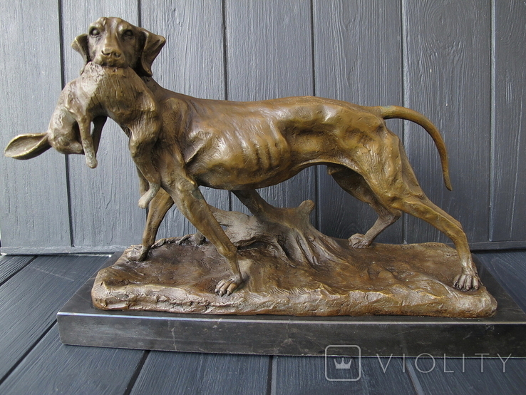 Охотничья собака с зайцем . Бронзовая скульптура. Собака Охота, фото №2