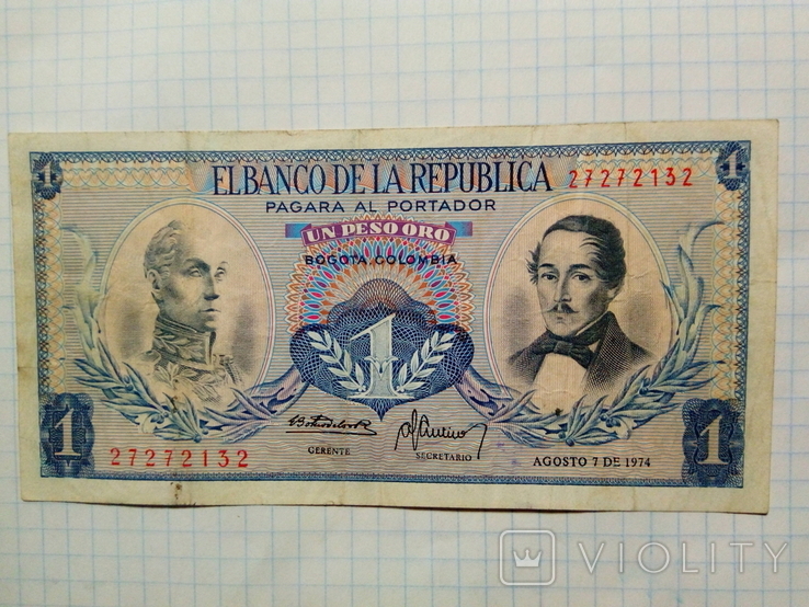1 песо Колумбия 1974, фото №2