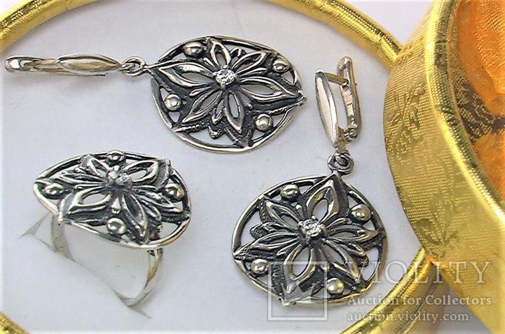 Набор кольцо перстень серебро 925 проба 15,25 грамма 16,5 размер и серьги, фото №2