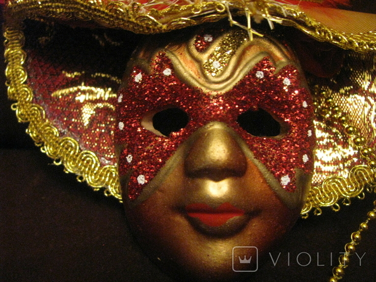 Настенная Венецианская маска   - золотой декор -  высота - 14 см.,- фарфор., фото №4