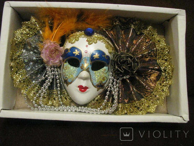 Настенная Венецианская маска с веерами   - синий декор -  высота - 15 см.,- фарфор.