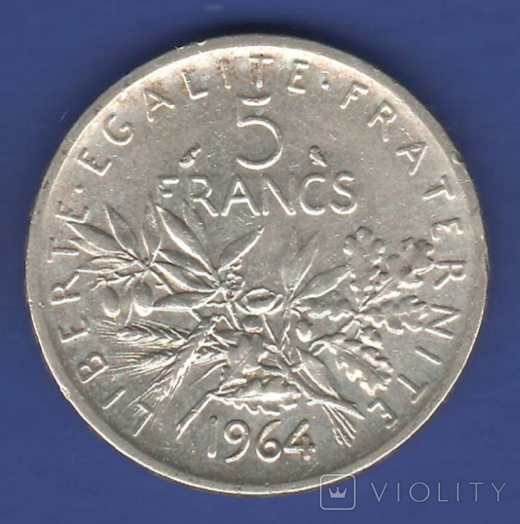 Франция. 5 франков 1964г. 835 проба. Сеятель, фото №3