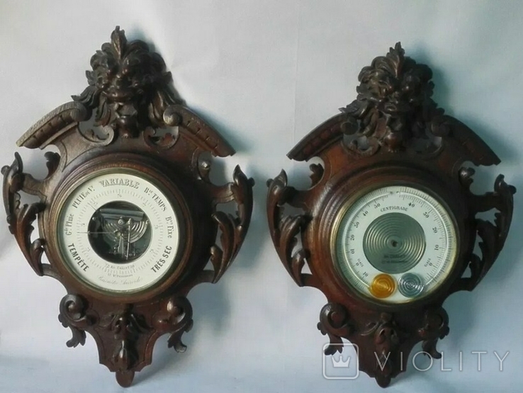 60 см Эксклюзивные резные парные барометр и термометр XIX века, фото №2